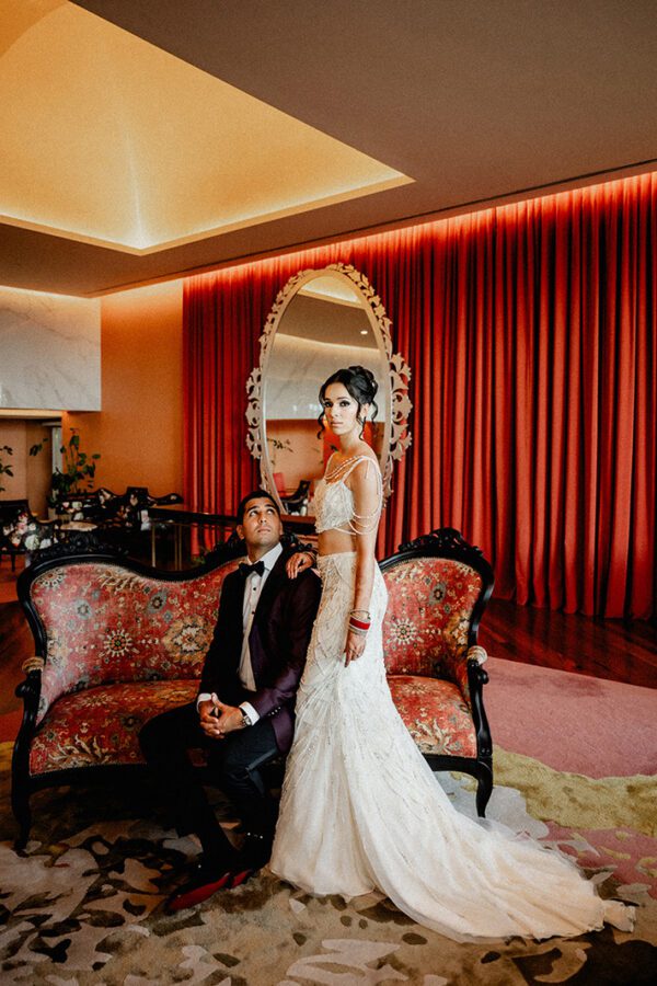 Editorial bride and groom portrait at Savoy Palace, Madeira Island, during a refined destination wedding in Europe.